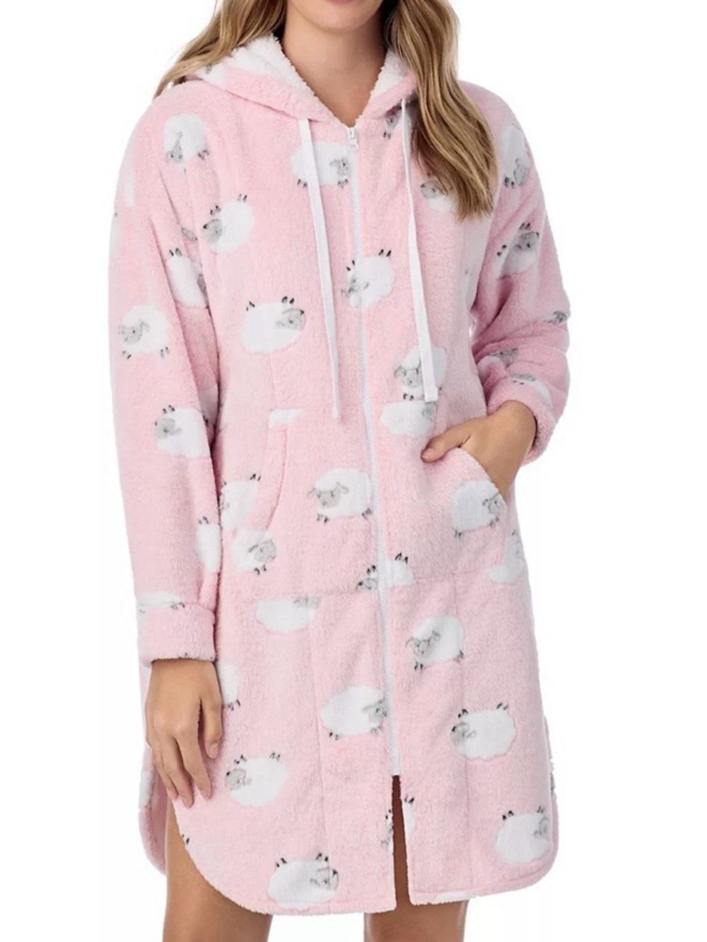 Cuddl Duds Pink Fleece Hooded Robe with White Sheep Print